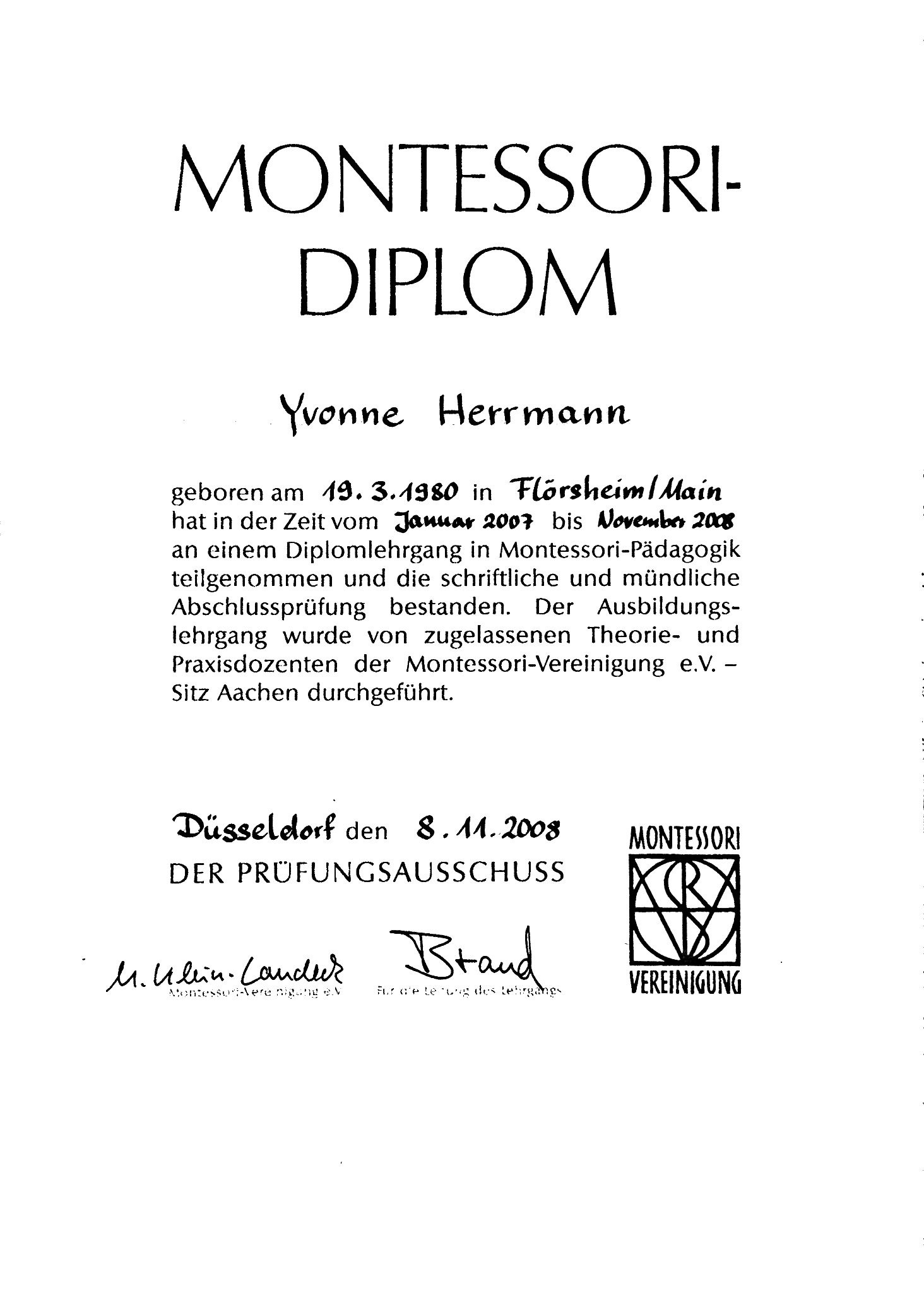 Das Montessori-Diplom von Yvonne Busse