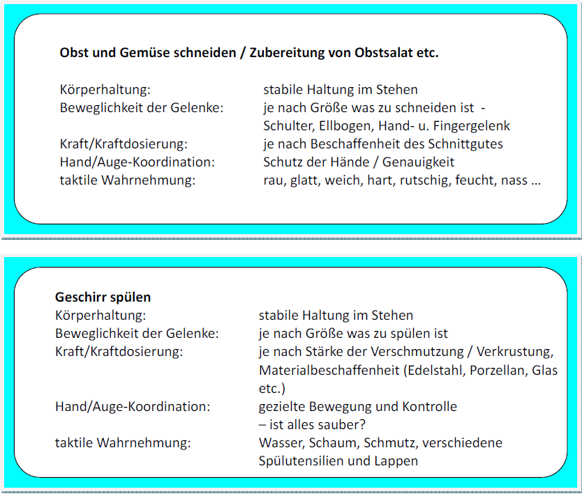 Obst und Gemüse schneiden, Geschirr spülen